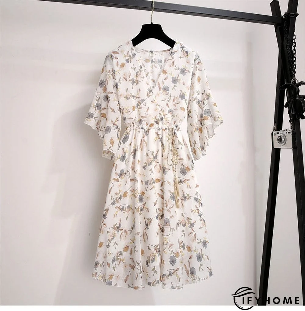 Spring Summer Chiffon Women V-Neck Floral Print Short Dresses Sweet Ruffle Sleeeve Slim Drawstring Ladies Dress | IFYHOME