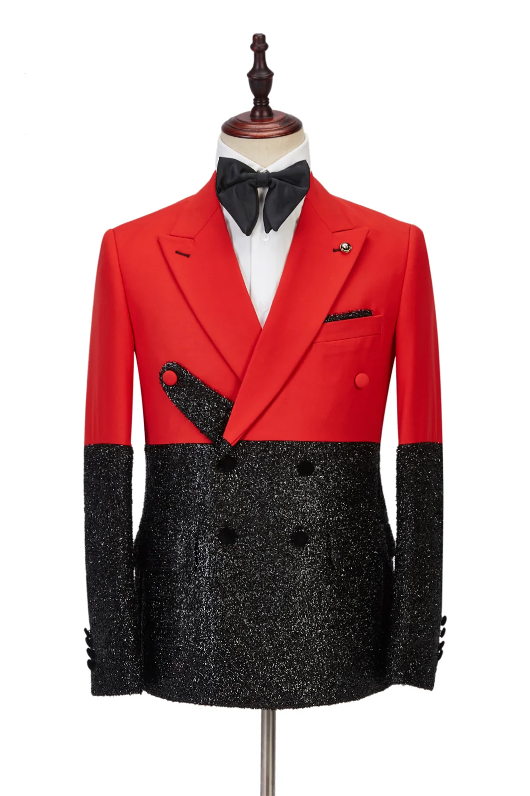 Newest Peak Lapel Bright Red Stitching Sparkle Black Fashion Style Wedding Tuxedo