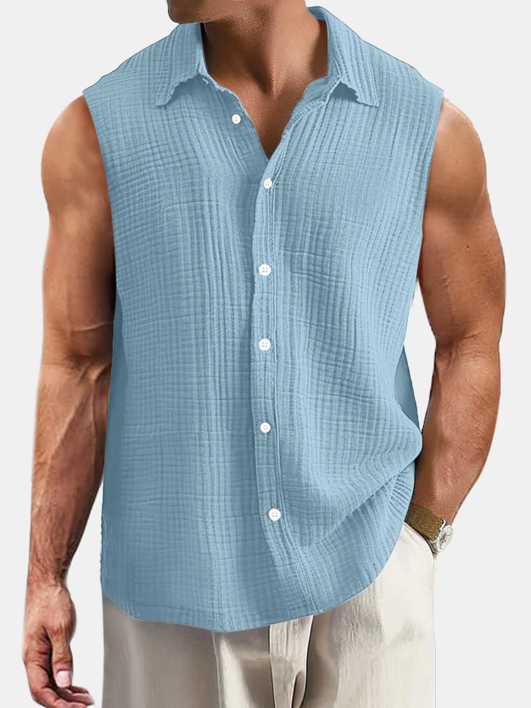 Men's Summer Casual Simple Puff Wrinkle Sleeveless Shirt