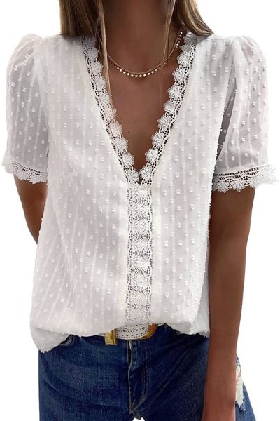 Women's Casual Solid Color Deep V-neck Chiffon Blouse Embroidery Lace Short Sleeve Tops - Life is Beautiful for You - SheChoic