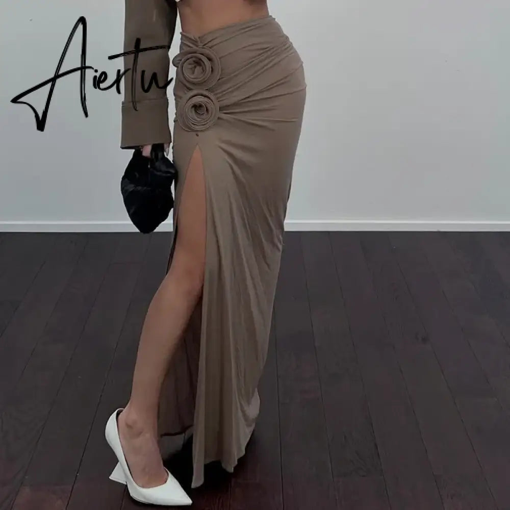 Elegant Ruched Split Maxi Skirts for Women Floral Applique Trim Fashion Outfits Vacation Beachwear Skirt Bottom Aiertu