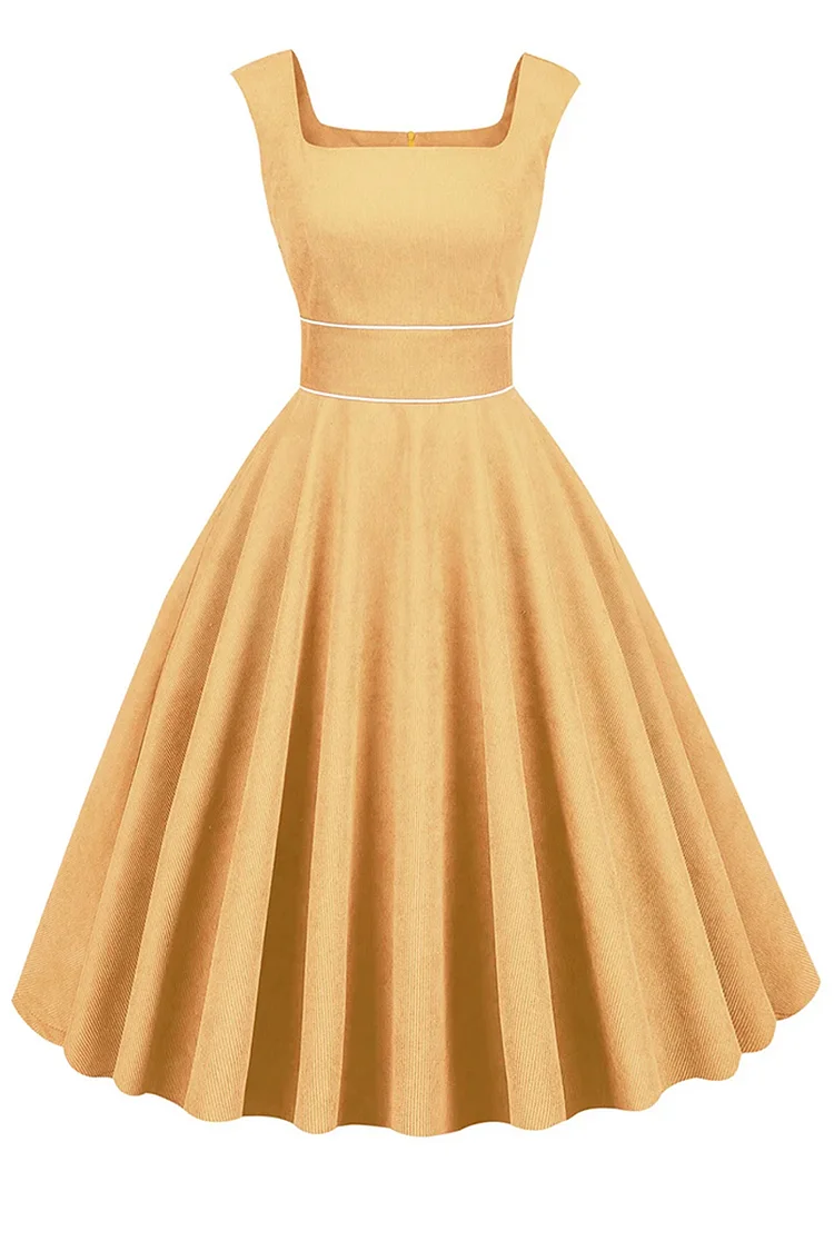 1950s Yellow Party Hepburn Solid Square Collar Sleeveless Slim High Waist Swing Midi Dresses