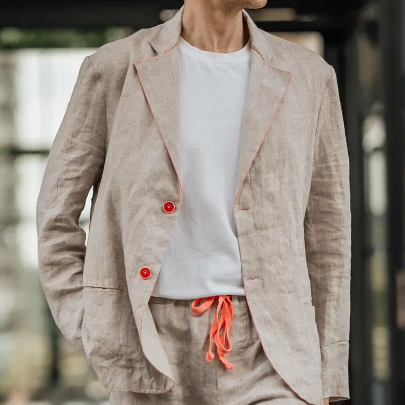 Men's Contrast Embroidered Casual Linen Blazer