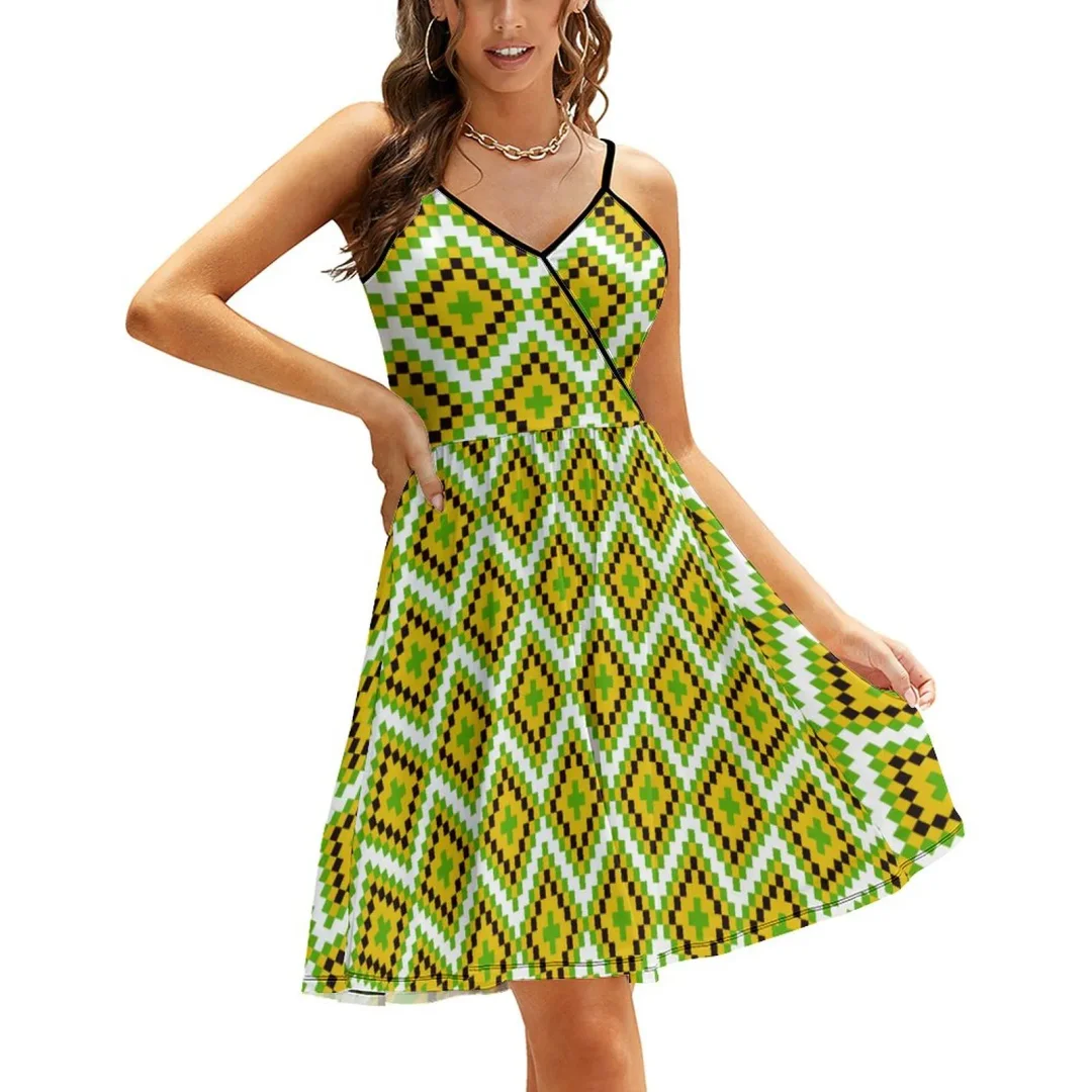 Green Kwanzaa Women's Sling Dress Casual Summer V Neck Spaghetti Strap Ruffle Dress Boho Print Dress Beach Dresses