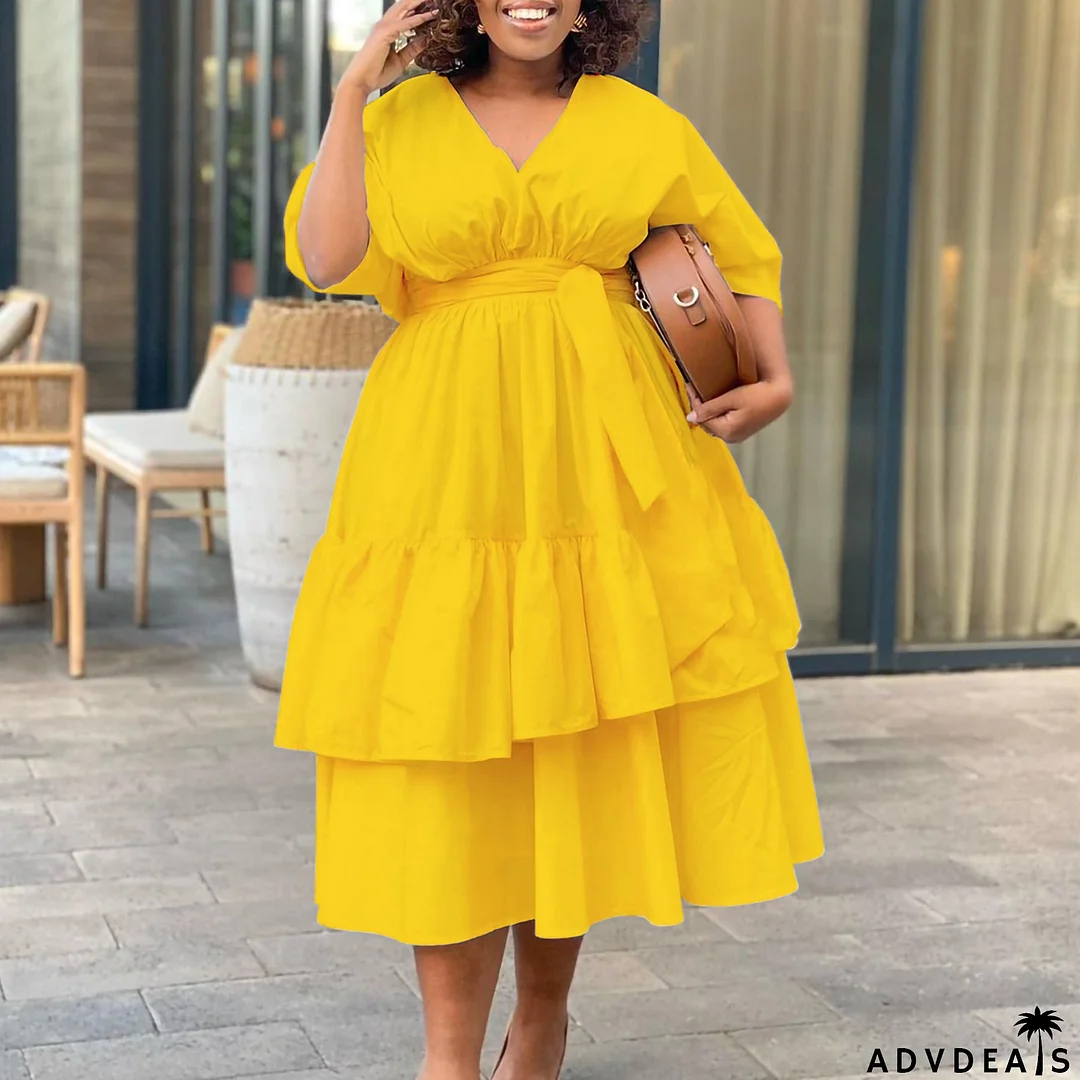 Women's Plus Size V Neck Loose Solid Color A-Line Fashionable African Dress