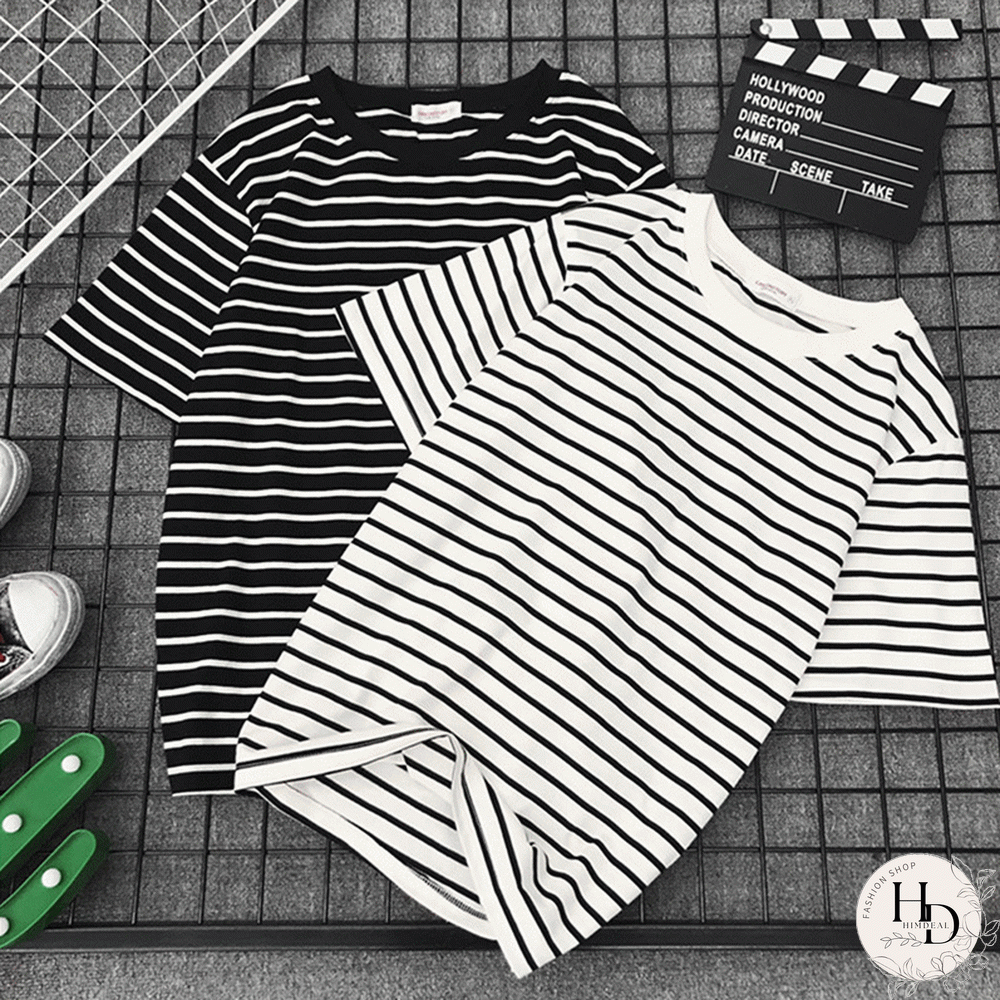 Womens Short Sleeve Shirt Classic Black & White Striped Loose Casual topper Harajuku