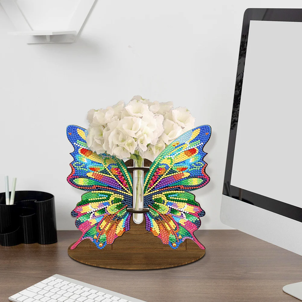 DIY Wooden Butterfly Diamond Painting Flower Vase Ornaments for Home Office Decor
