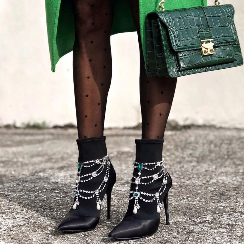 Black Satin Jewelled Pointed Toe Ankle Boots Nicepairs