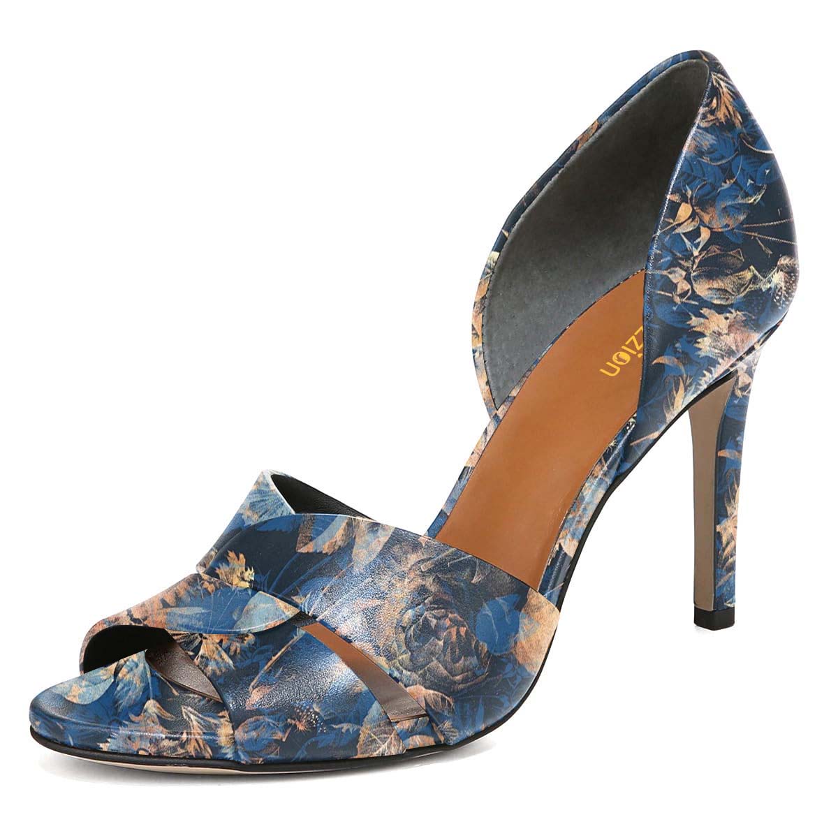 Blue & Champagne Floral Printed Open Toe Stiletto Heel Pumps Shoes Nicepairs