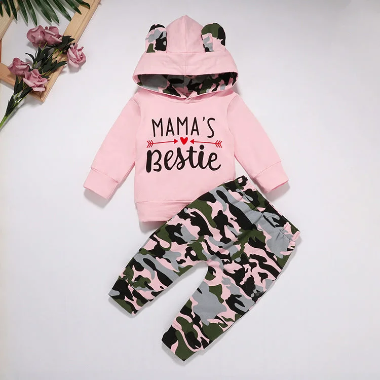 2PCS MAMA'S BESTIE Letter Printed Hoodie with Camouflage Pants Baby Set