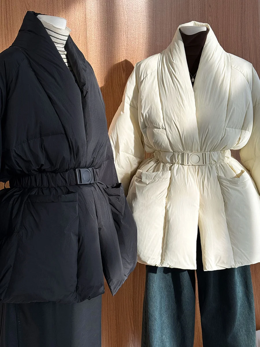Toloer High Luxury White Duck Down In The Long Down Jacket Female 2024 Winter Fashion Waist Show Thin And Thick V-Neck Coat Tide-Outfit Ideas