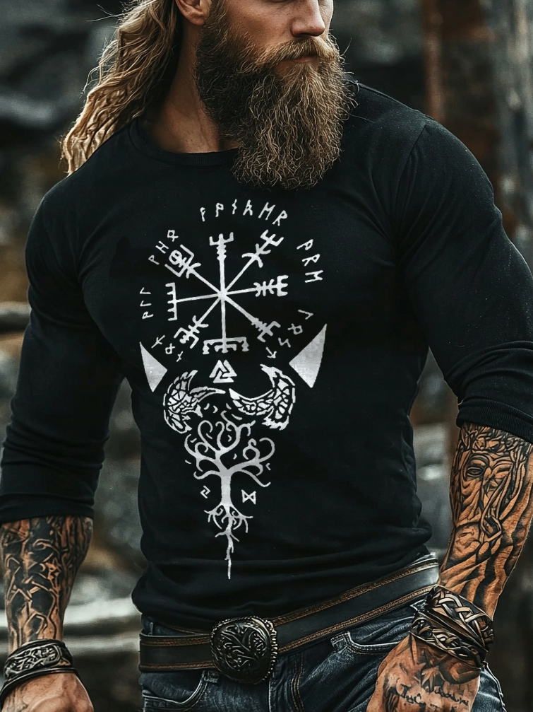 Viking Runestone Tablecloth Rune Compass Rune Design Print Henley Shirt Long Sleeve