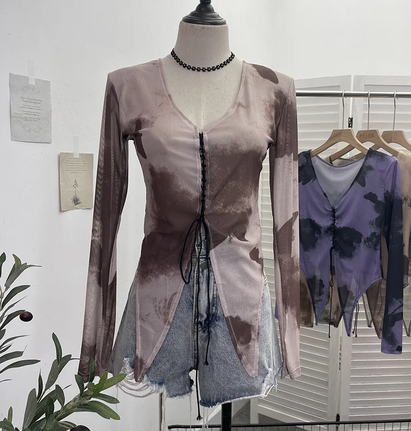 Zingj Real Shooting Hottie Slear Dye Printing V Tie With Hollow Irregular Shoulder Long-Sleeved T-Shirt 2622