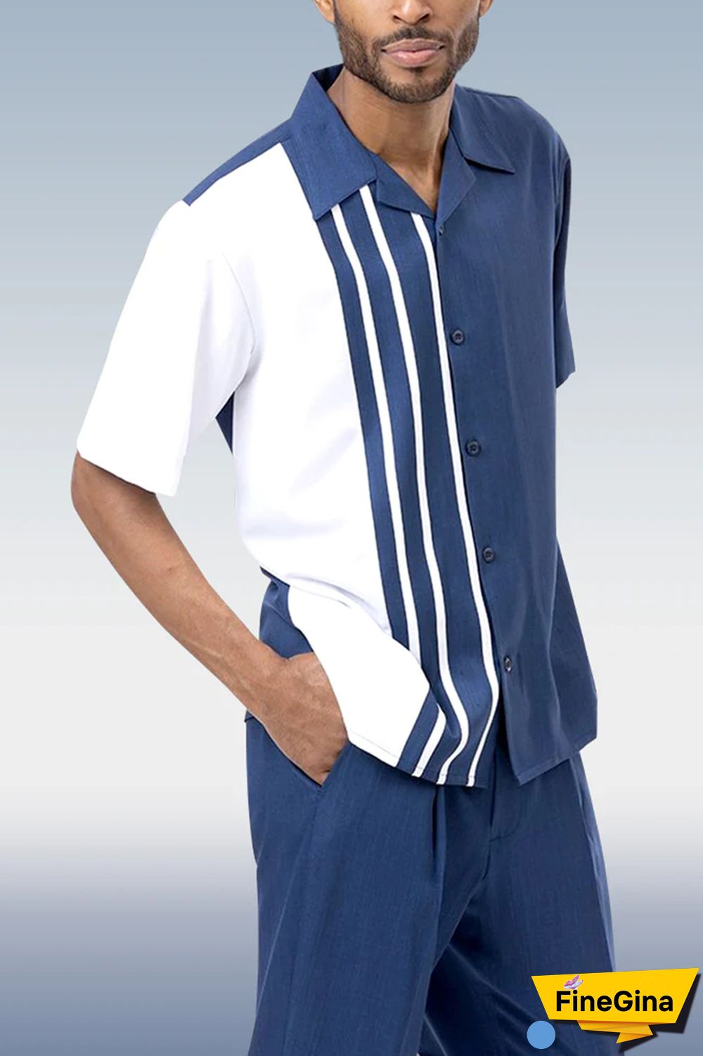 Blue White Navy Striped Color Block Walking Suit 2 Piece Short Sleeve Set