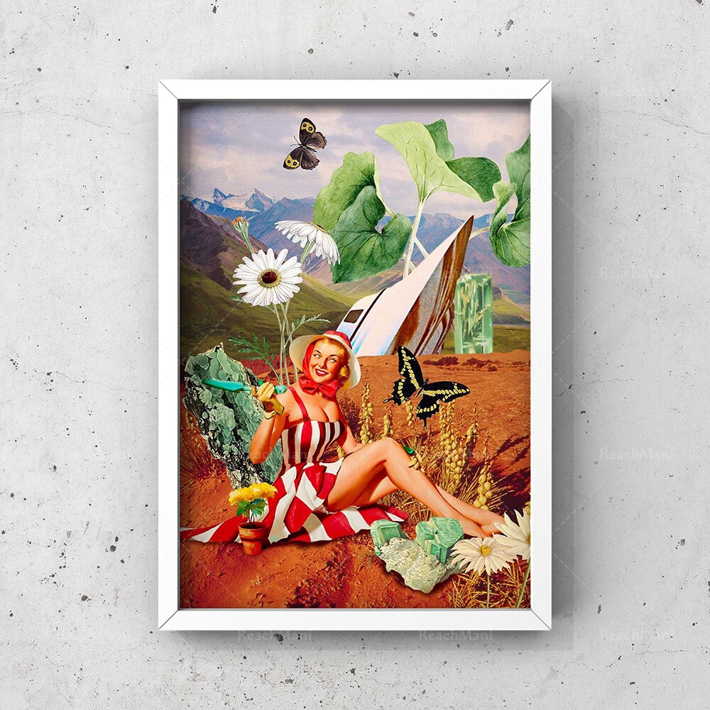 Floral abundance, paradise lost, lush surreal retro botanical snake collage print 50s/60s aesthetic canvas poster, whimsical art