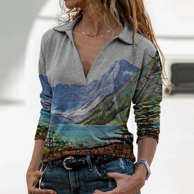 Women Spring And Autumn Casual Slim Lapel Long-Sleeved Printing T-Shirt