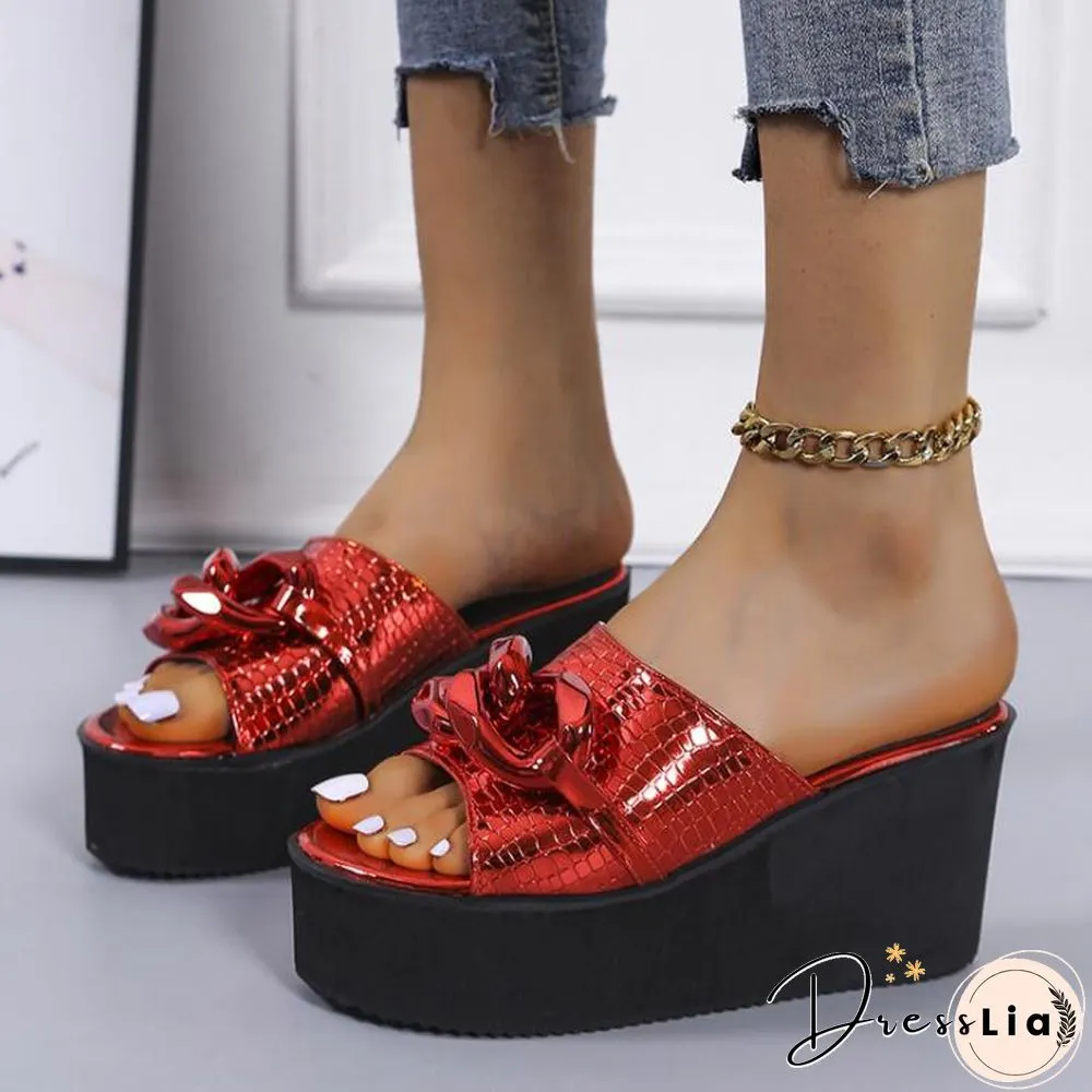 Back School Outfit Large Size For Womens Outer Wear New Wedge Heel Square Toe Metal