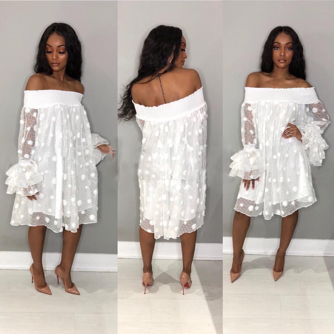 Women's Casual Wave Point Jacquard Flat Shoulder Pineapple Sleeve Loose Skirt Plus Size White Dresses