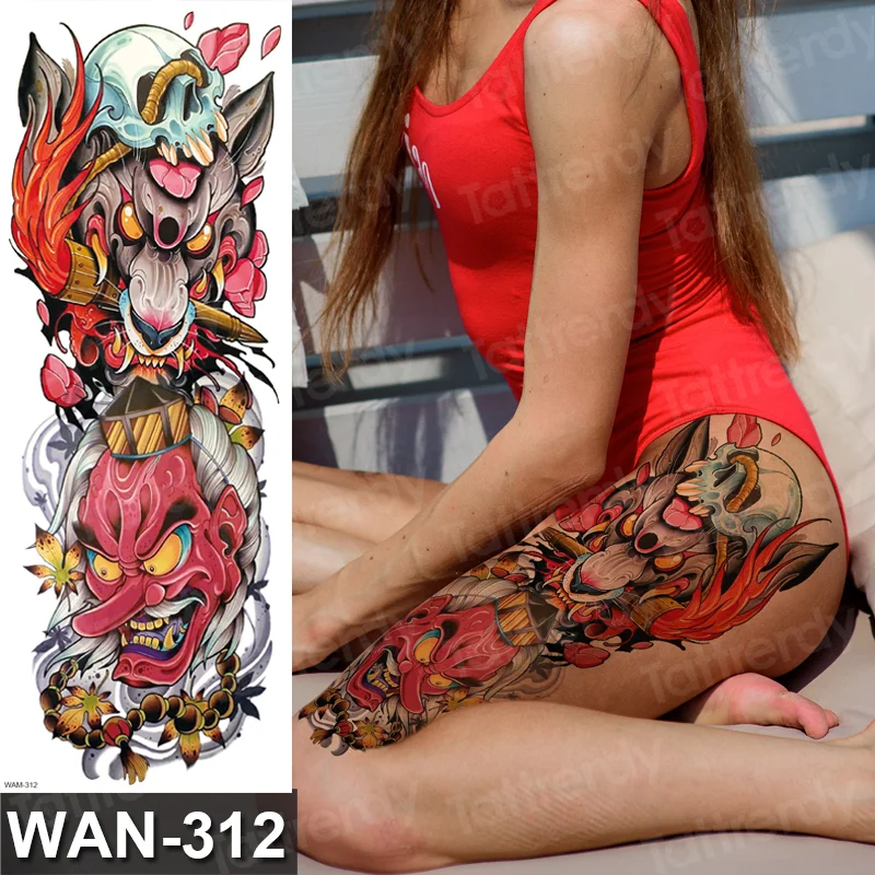 Sdrawing Size Leg Thigh Temporary Tattoo Stickers Full Arm Sleeve Wolf Carp Fox Peony Flower Fake Tattoo Sleeves Sexy Body Painting