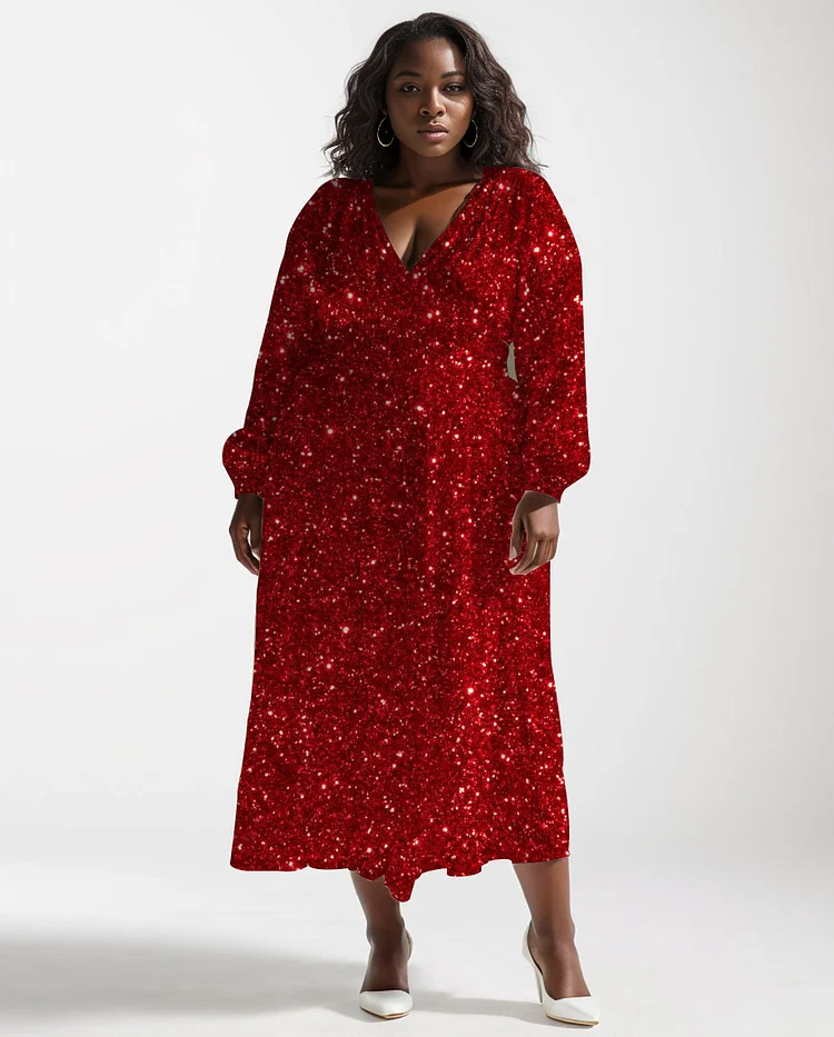 Plus Size Shiny Sequins Print Wrap Midi Dress