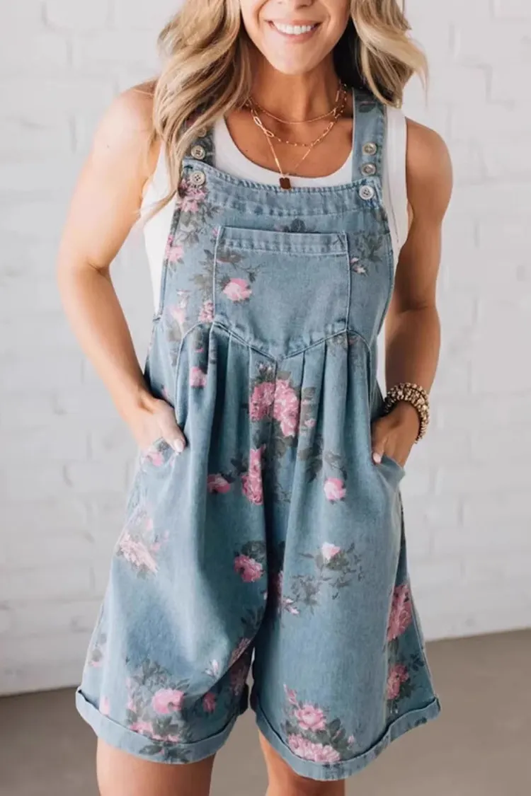 Light Blue Floral Print Denim Short Overalls