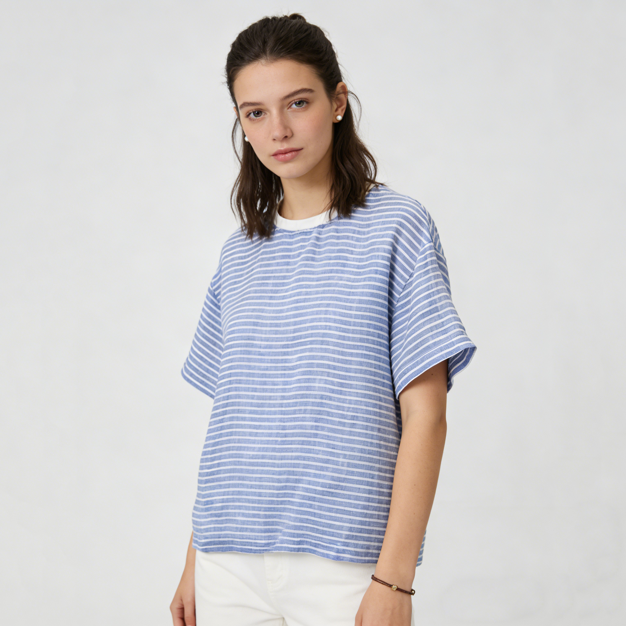 Linen T Shirt Women 100% Linen Striped Crew Neck Summer Tee Loose Fit Breathable REAL SILK LIFE