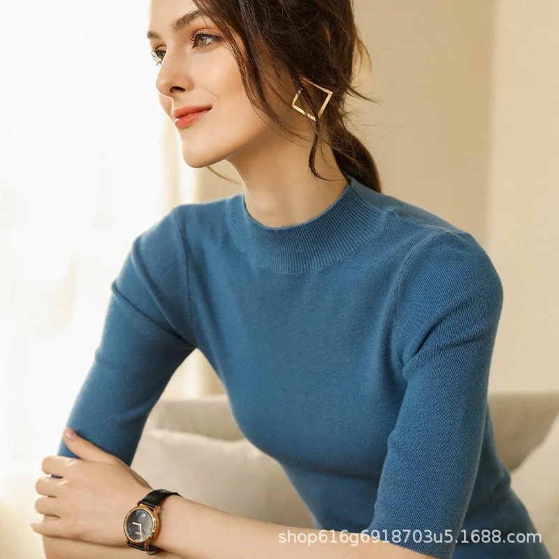 Churchf Churchf 2024 New Half High Turtleneck Slim Sweater Knit Short Sleeve Half Sleeve Five Minutes Middle Sleeve Tight Middle Sleeve Bottom Shirt