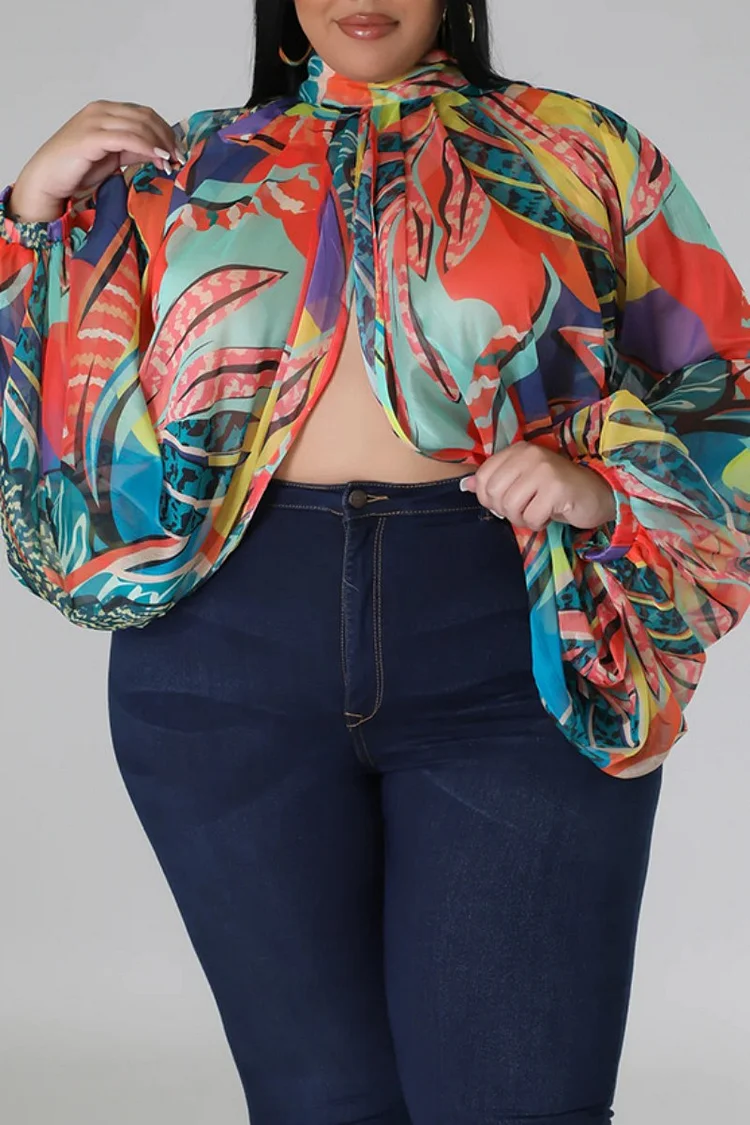 Multicolor Casual Print Patchwork Turtleneck Plus Size Tops