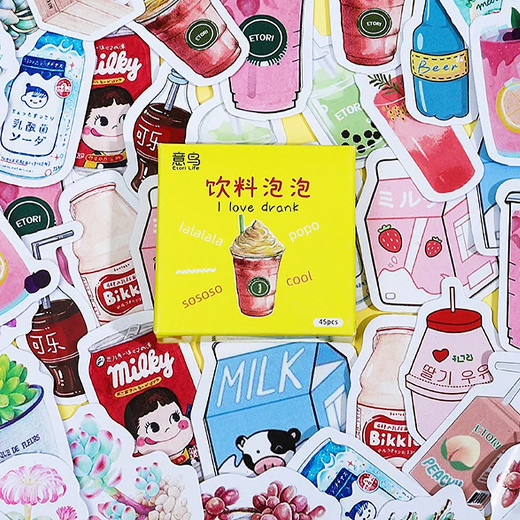 45 PCS Cute Aesthetic Stickers Drinks DIY Planner Stickers Decals for Scrapbook