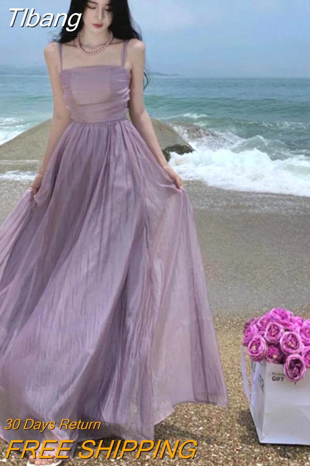 Tlbang Spaghetti Strap Purple Long Dresses for Women 2023 Summer Sexy Tulle Pleats Fairy Evening Party Backless Female Clothing