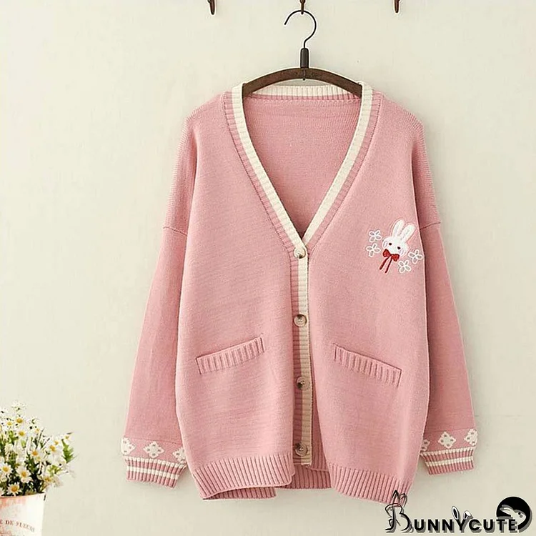 Rabbit Embroidery V-neck Cardigan Sweater