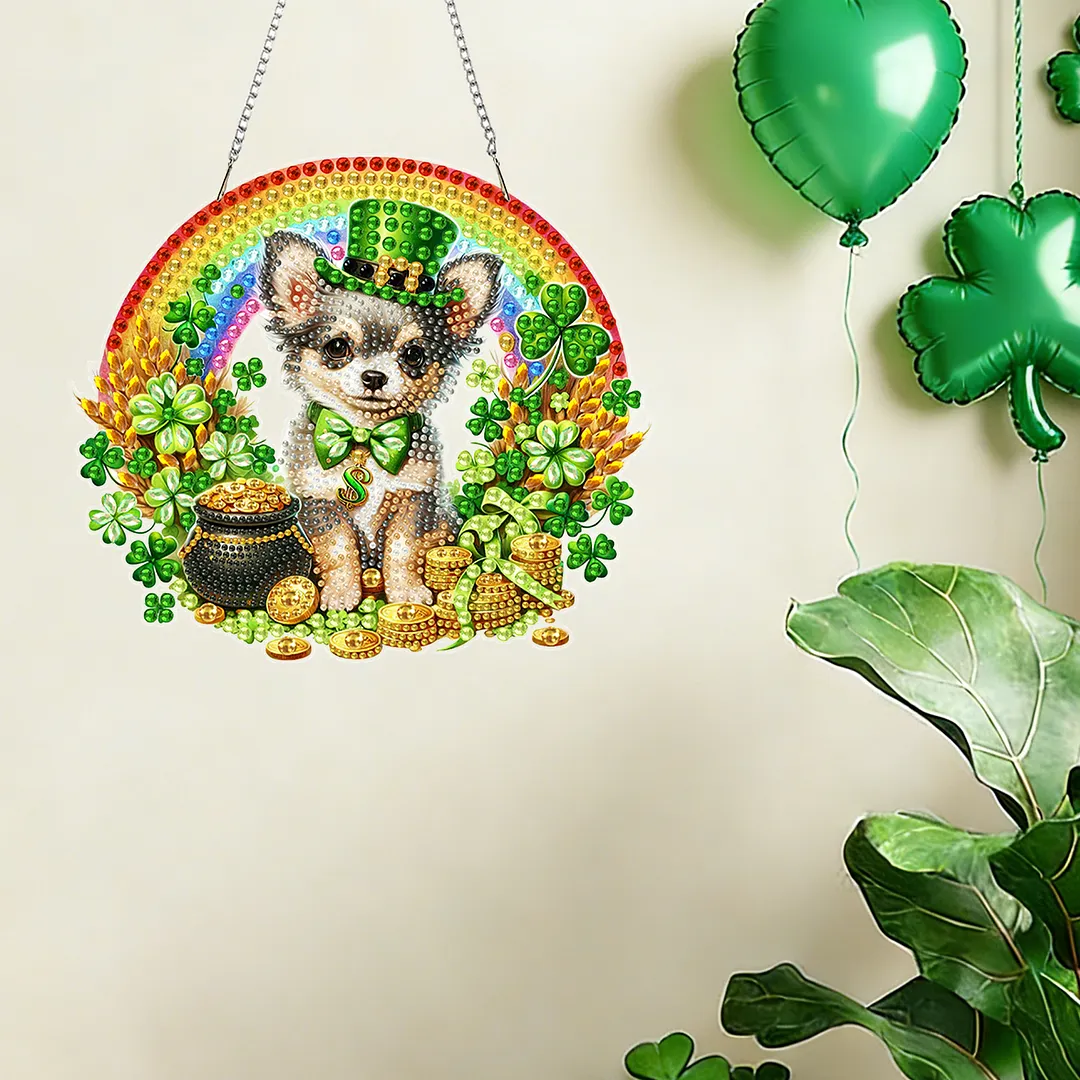 St Patricks Day Dog DIY 2D Flat Acrylic Diamond Painting Kits 5D Diamond Art Painting Window Pendants for Home Garden Wall Decoration