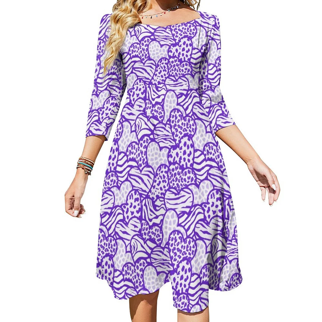 Purple Contour Girly Animal Print Hearts Wallet Dress Sweetheart Tie Back Flared 3/4 Sleeve Midi Dresses