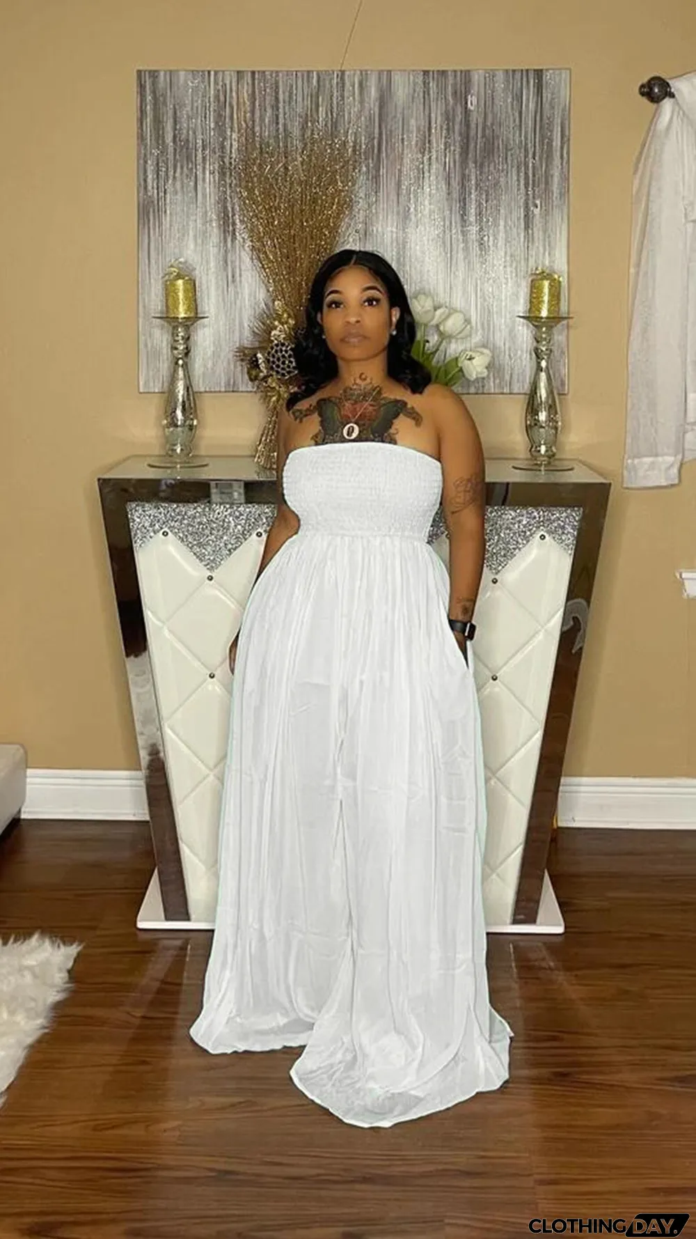 Plus Size Solid Off Shoulder Strapless Wide Leg Jumpsuit