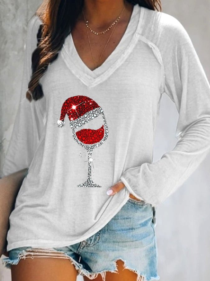 Women's Christmas Wine Glass Casual V-Neck Long-Sleeve T-Shirt