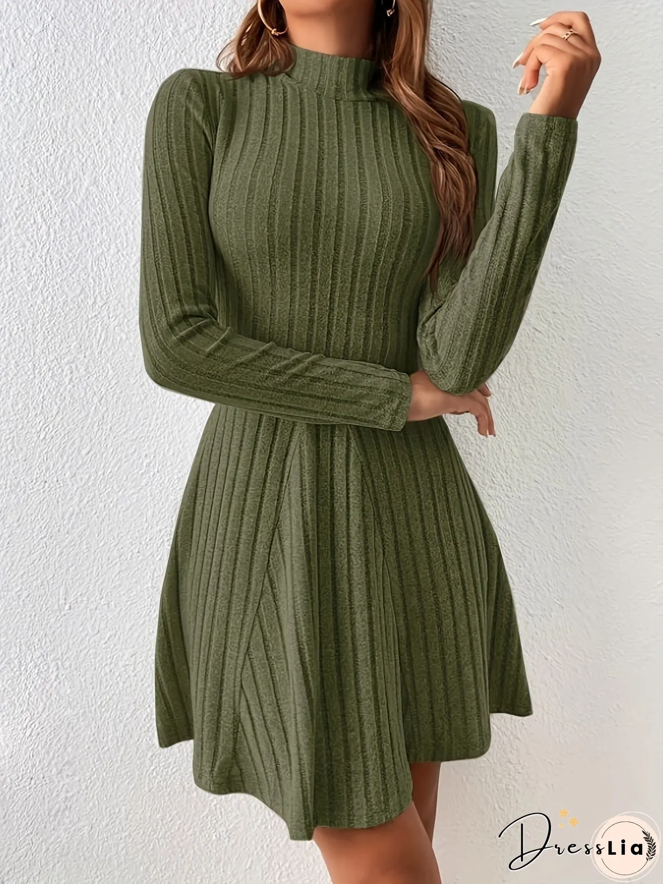 Solid Ribbed Dress, Casual Mock Neck Long Sleeve Dress, Women's Clothing