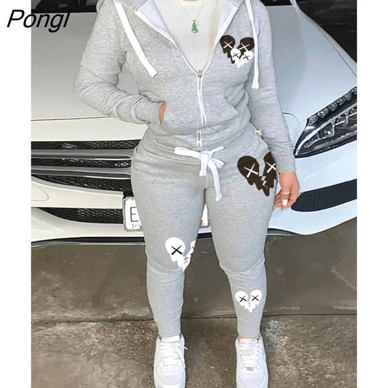 Pongl Sweatshirt Suits COTTON 2PC Autumn 2022 Sweat Heart Zipper Up Drawstring Tracksuit Set Hoodie Jackets+ Pants Matching Outfits