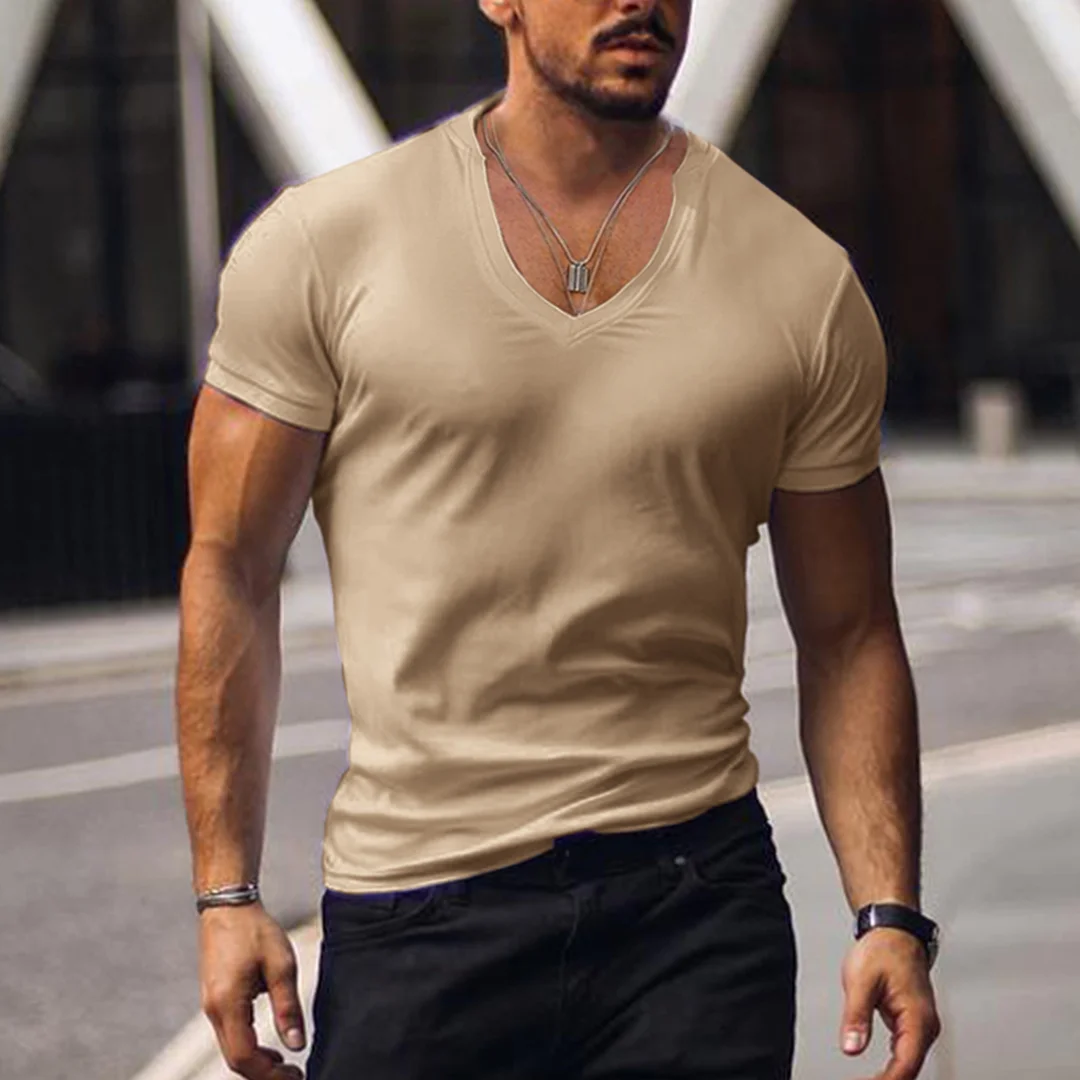 Men's Solid Color V-neck Casual Breathable T-Shirt、、URBENIE