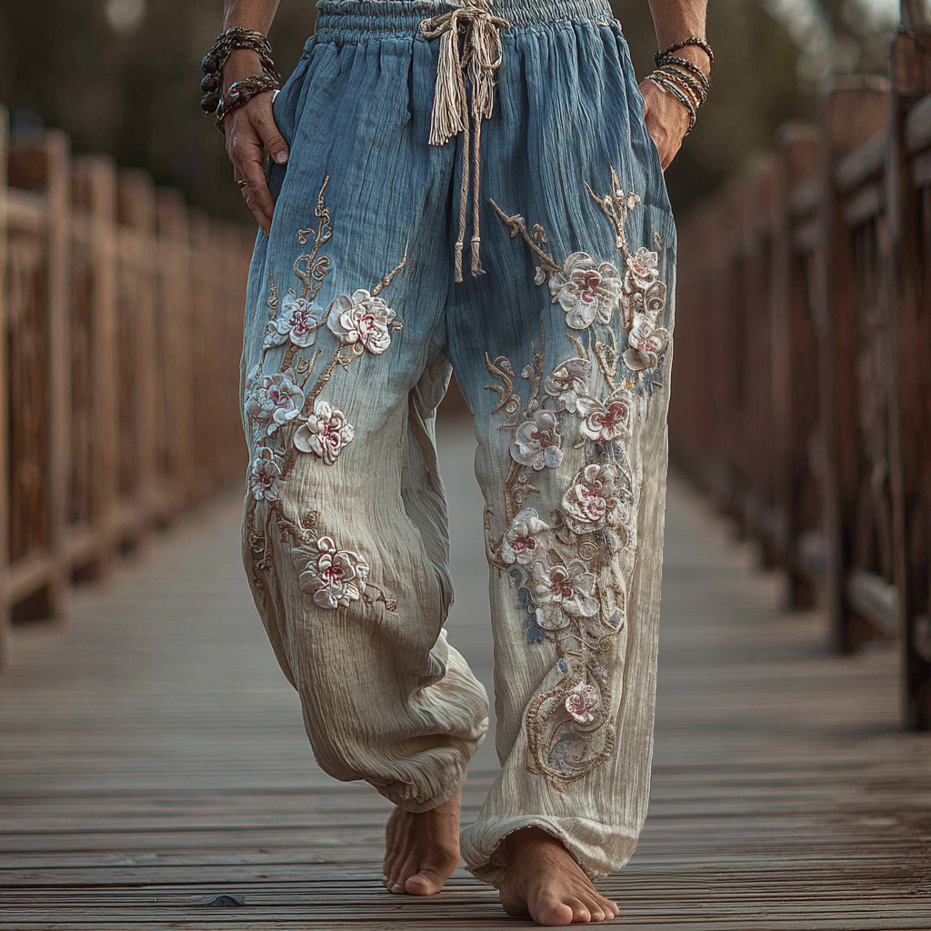 Men's Japanese Cherry Blossoms Embroidered Gradient Art Wide Leg Linen Pants  artssus