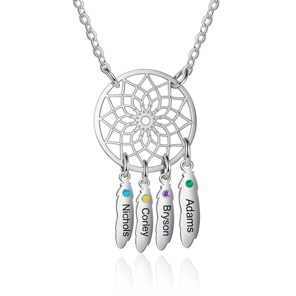 Personalized Dream Catcher Necklace with 4 Birthstones for Women