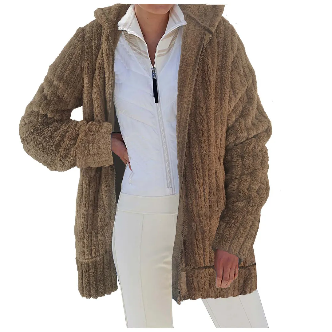 Churchf Churchf Autumn / Winter Warm Plush Pure Color Zipper Pocket Hooded Loose Coat Female