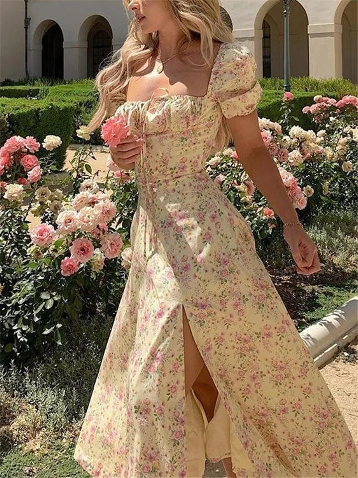 Fashionable Sweetheart Short Sleeve High Slit Floral Maxi Dress