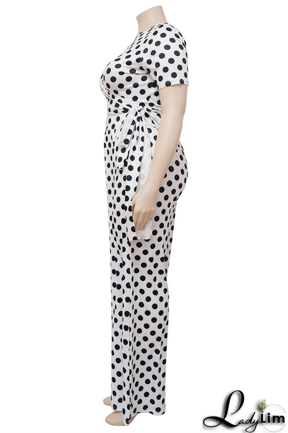 White Fashion Casual Dot Print Bandage O Neck Plus Size Two Pieces