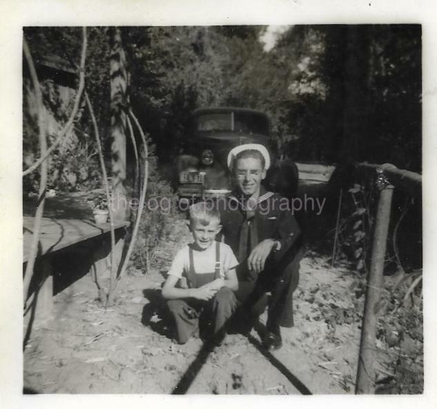 SAILOR AND SON WW2 Era Military Portrait U.S. NAVY Vintage FOUND Photo Poster painting bw 910 13