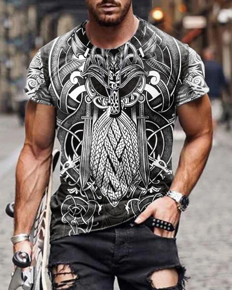 Slim-fit Short-sleeved Retro Mask Graphic Casual T-shirt