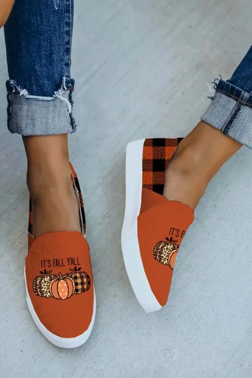 Orange Halloween Letter Pumpkin Plaid Print Slip-on Sneakers | IFYHOME