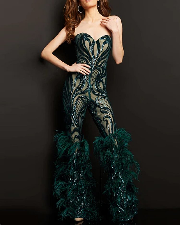 Sequined Bandeau And Feather-trimmed Hem Jumpsuit