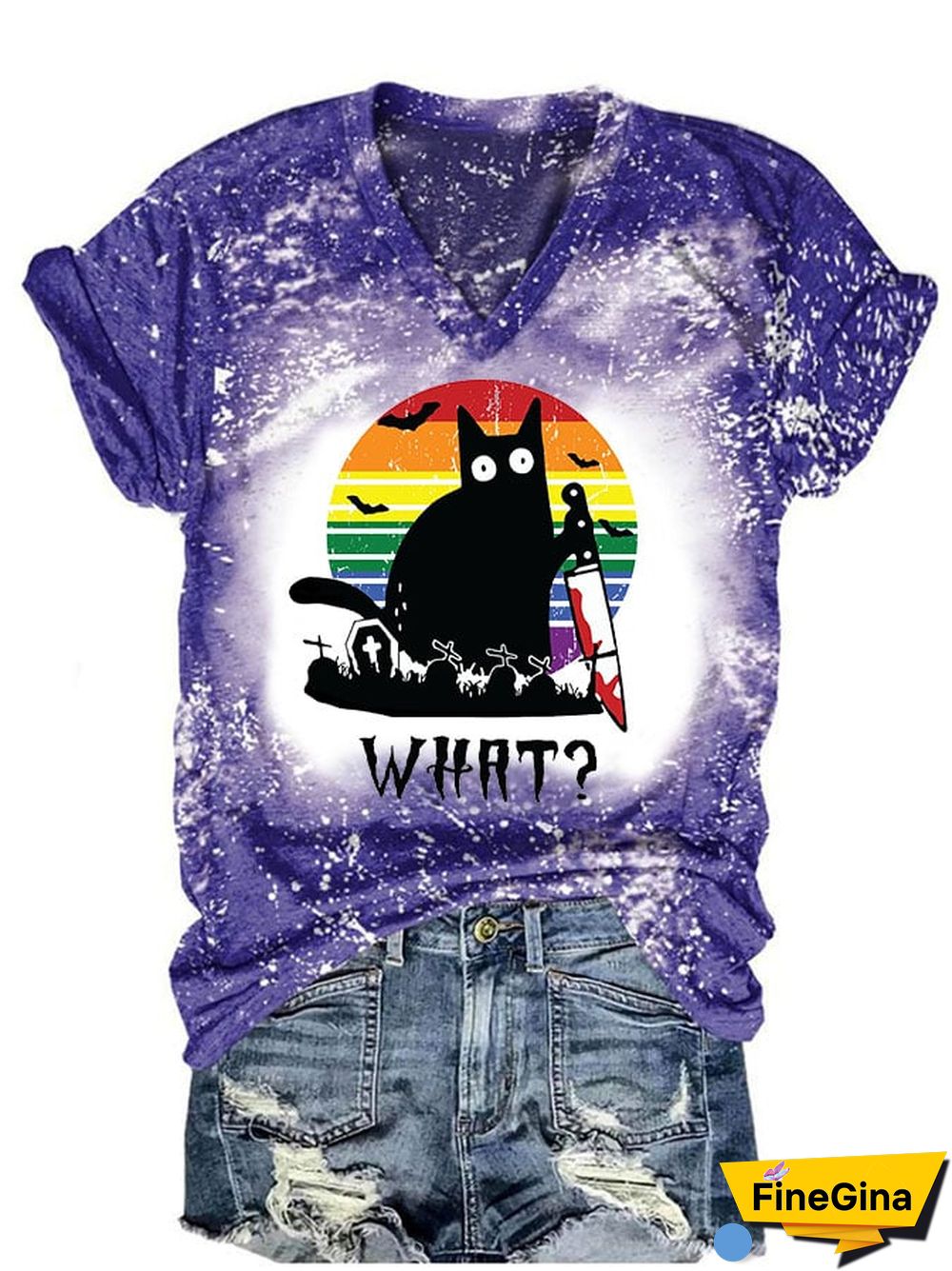 Women's Halloween Black Cat Print Short Sleeve T-Shirt