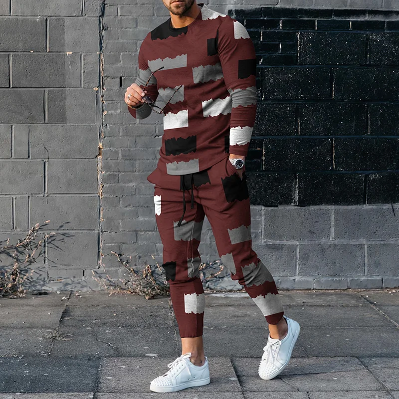 Casual Art Geometry Contrast Color Long Sleeve T-Shirt And Pants Co-Ord