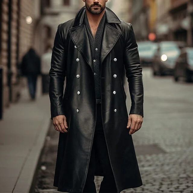 Fashion Men'S Solid Leather Trench Coat